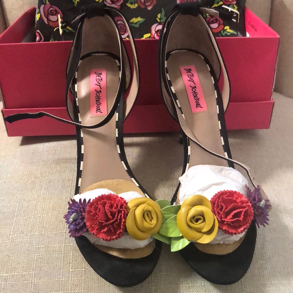 Betsey Johnson Black and Red Floral Heels